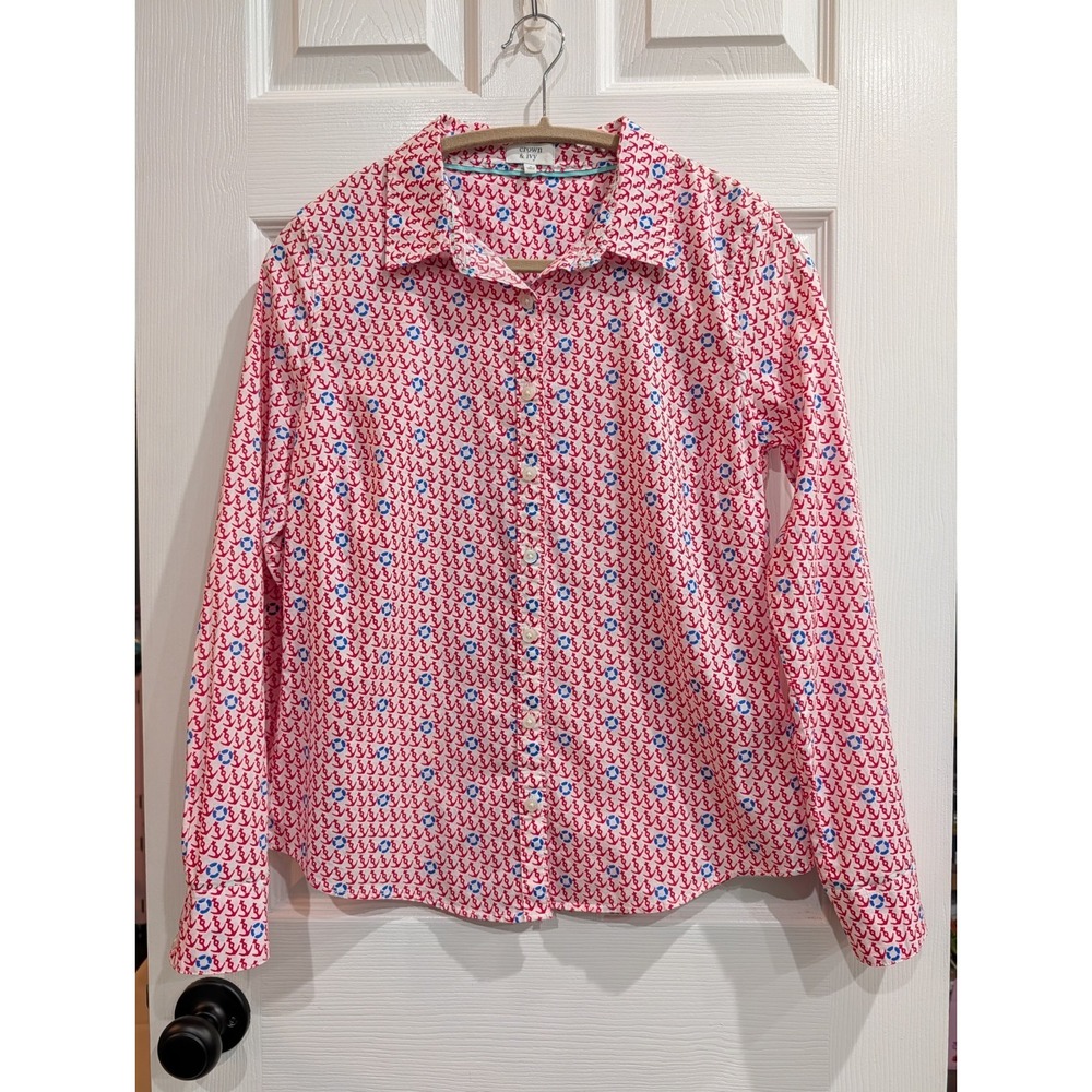 Crown & Ivy Womens Anchor Button Up Blouse S Nautical Preppy New England  Summer